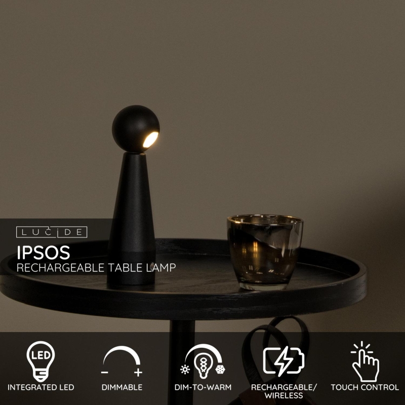 Lucide IPSOS – Nabíjateľná stolová lampa – Batéria/batérie – LED Stlmenie až teplé – 1x3W 3000K/3200K – Čierna